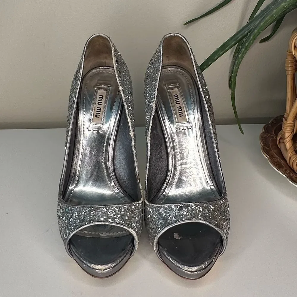 ✨ Miu Miu Silver Glitter Peep-Toe Heels 36.5 (US 6.5) Designer Party Shoes Italy - Picture 5 of 13